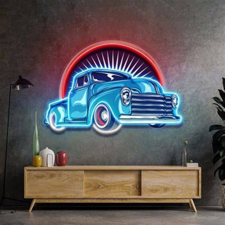 Retro pickup truck with neon lights on Craiyon